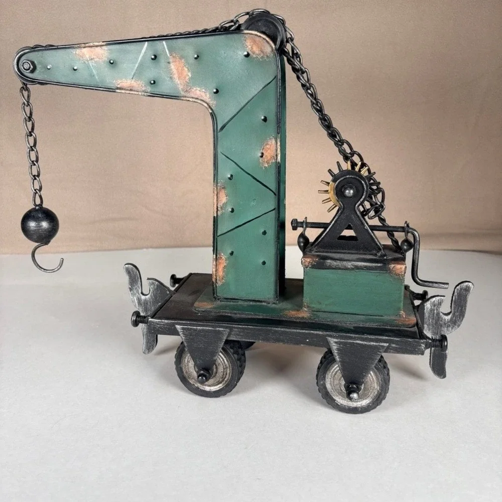 Vintage Style Metal Crane Railway Car Industrial Decorative Model Green Black